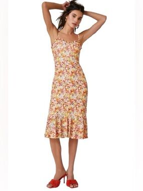 HUTCH Terry Cloth Floral Dress Summer Midi Designer Orange Medium Boho Beach